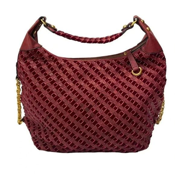 MAXX New York maroon leather + velvet weaved shoulder bag with gold chain accent - Picture 1 of 9